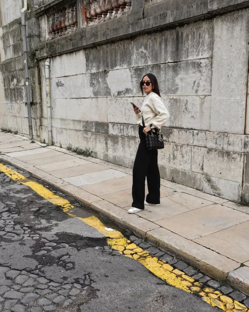 Cream Sweater + Black Wide-Leg Pants + White Sneaker