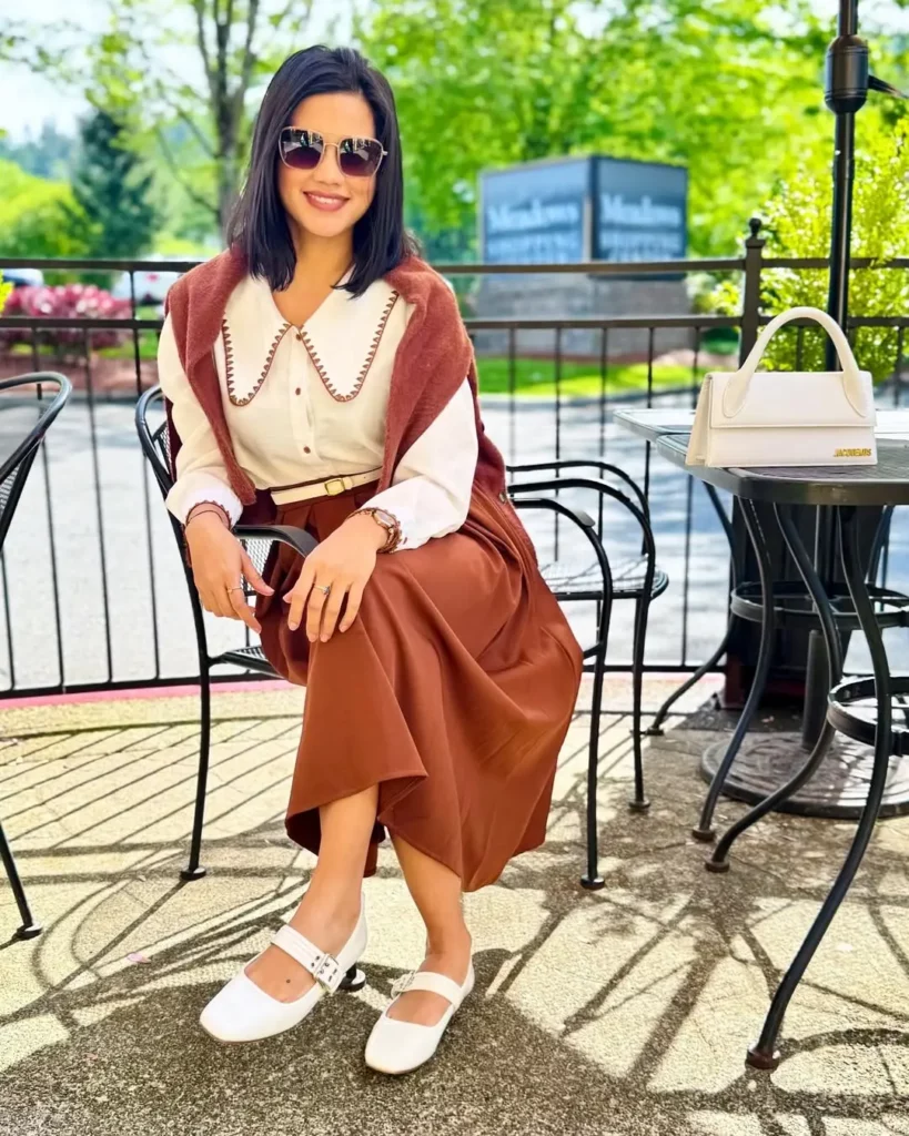White Blouse with Contrast Stitching + Rust Skirt + White Mary Jane Flats