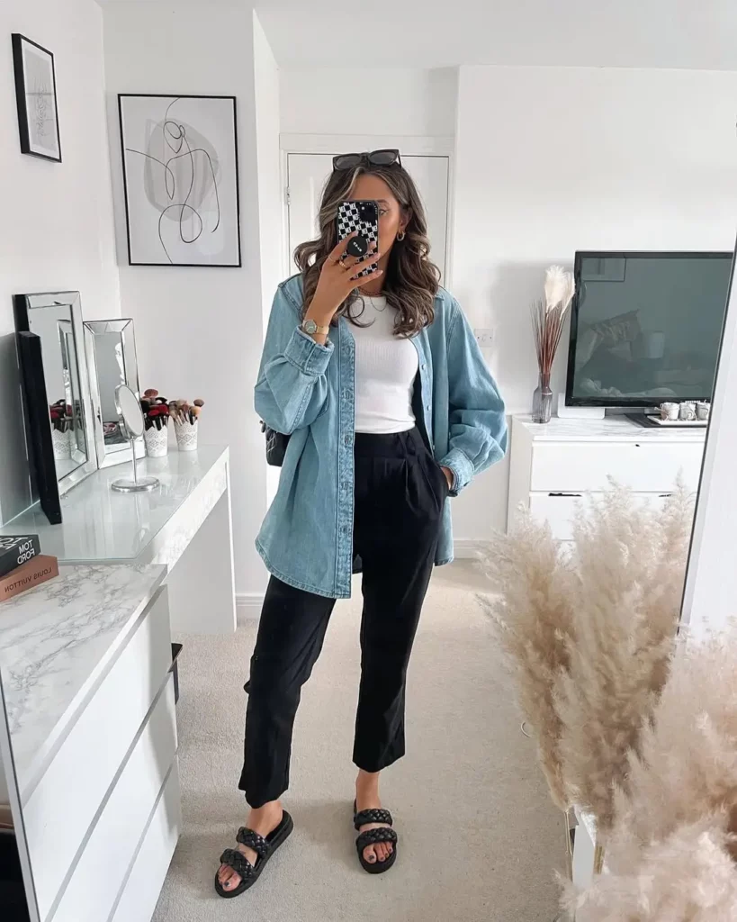 White Tank Top + Black Trousers + Denim Shirt + Black Slide Flats