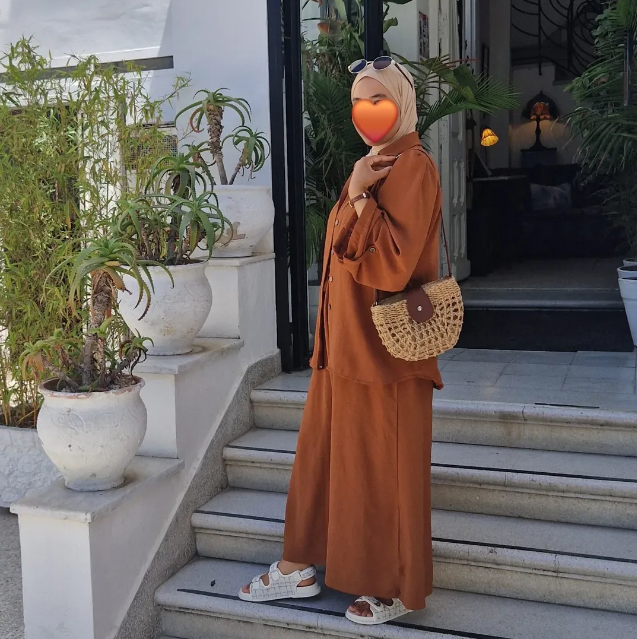 Rust Co-ord Set + Beige Hijab + White Platform Sandals