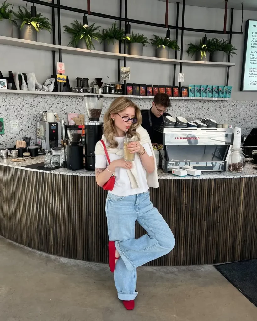 Red Mary Janes with Rolled-Up Light Wash Jeans & White Tee