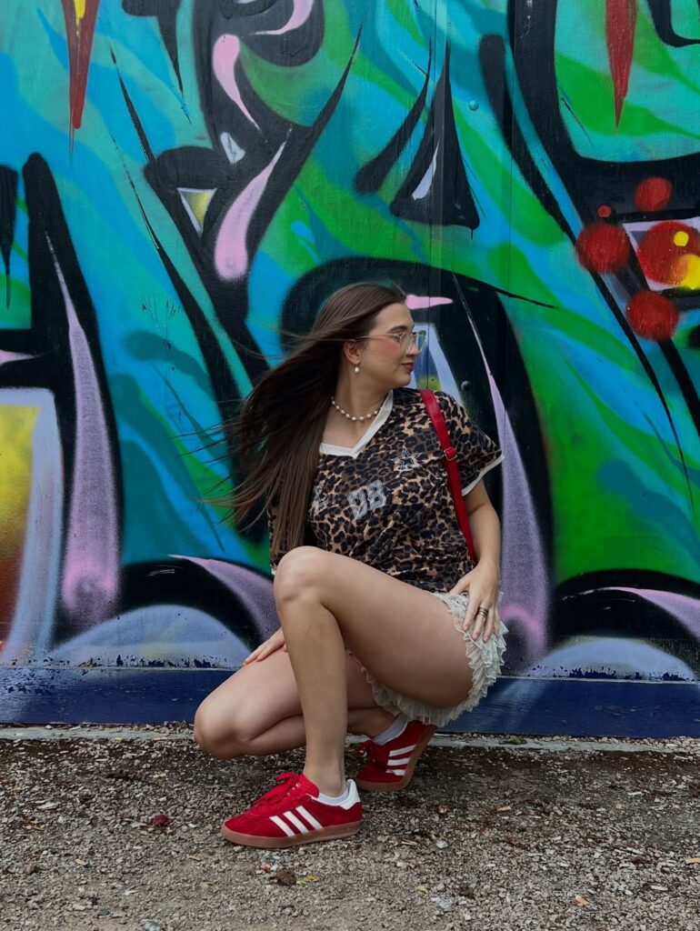 Leopard Tee + Ruffle Shorts + Red Adidas Sneakers