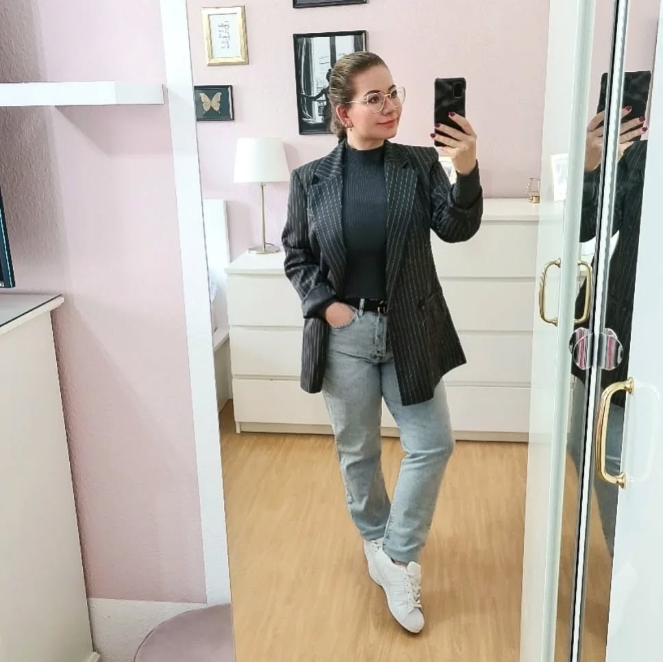 Pinstripe Blazer & White Sneakers