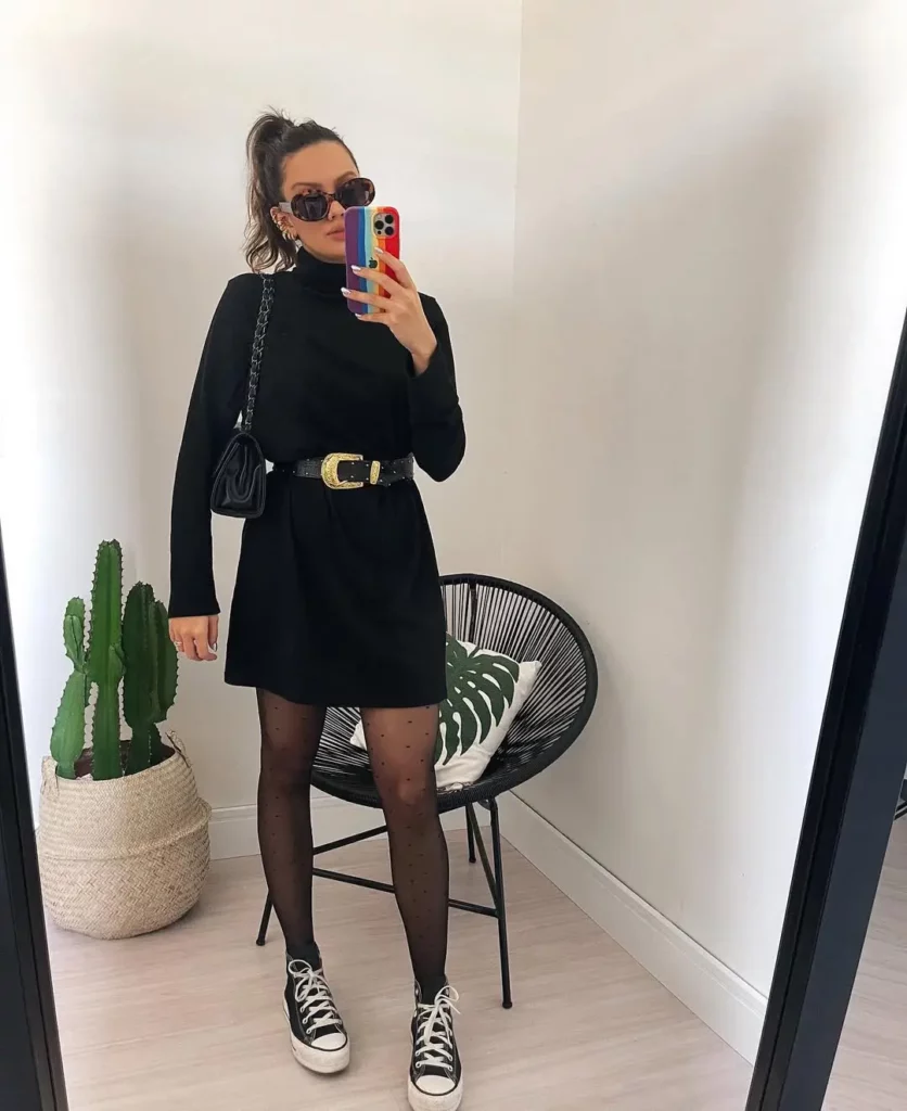 Belted Black Turtleneck Dress + Sheer Tights + Converse