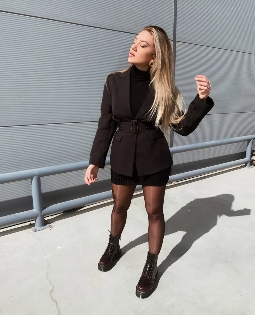 Black Belted Blazer + Ribbed Mini Dress + Cherry Red Combat Ankle Boots