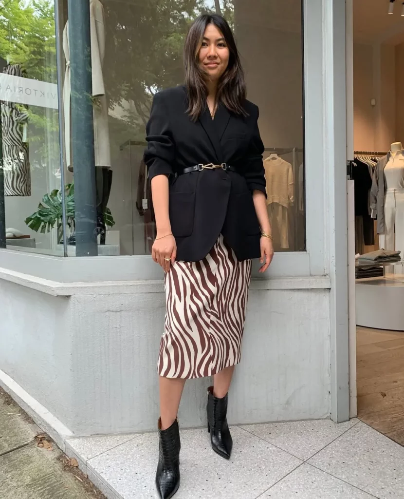 Black Belted Blazer + Zebra Print Midi Skirt + Croc-Effect Pointed Ankle Boots