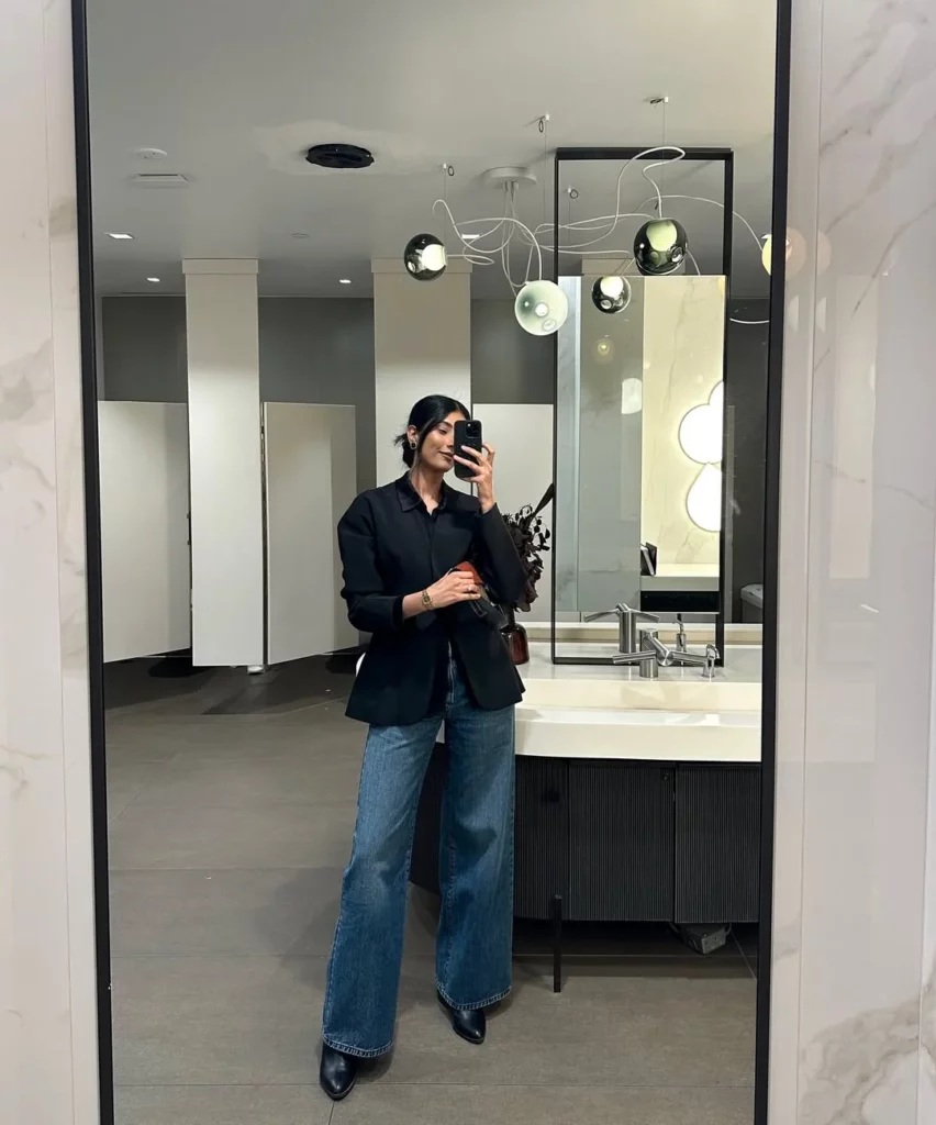 Black Blazer + Baggy Jeans + Pointed Black Boots