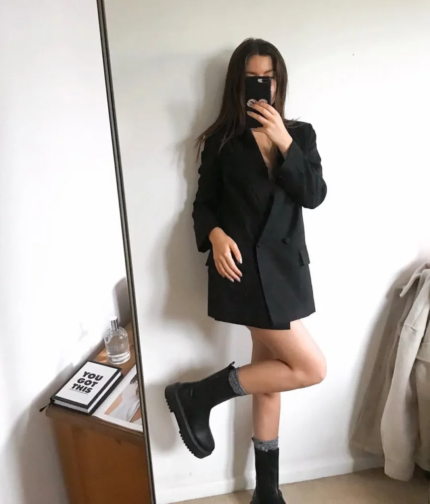 Black Blazer Dress + Gray Socks + Chunky Black Ankle Boots