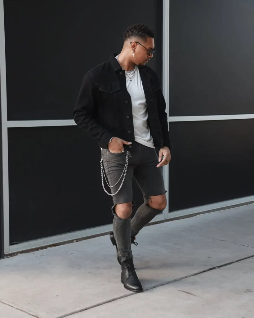 Black Denim Jacket + White Tee + Ripped Shorts + Lace-Up Combat Boots