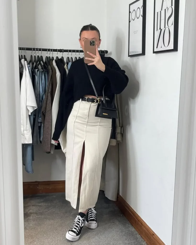 Black Knit Sweater + Cream Slit Midi Skirt + Black High-Top Converse