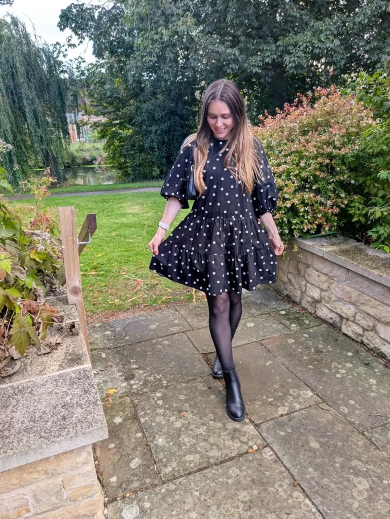 Black Polka Dot Dress + Black Ankle Boots