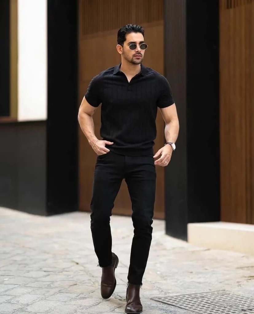 Black Polo Shirt + Slim Black Jeans + Brown Chelsea Boots