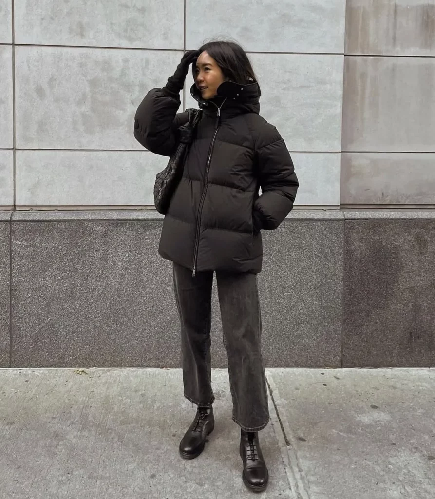 Black Puffer + Cropped Jeans + Polished Combat Boots