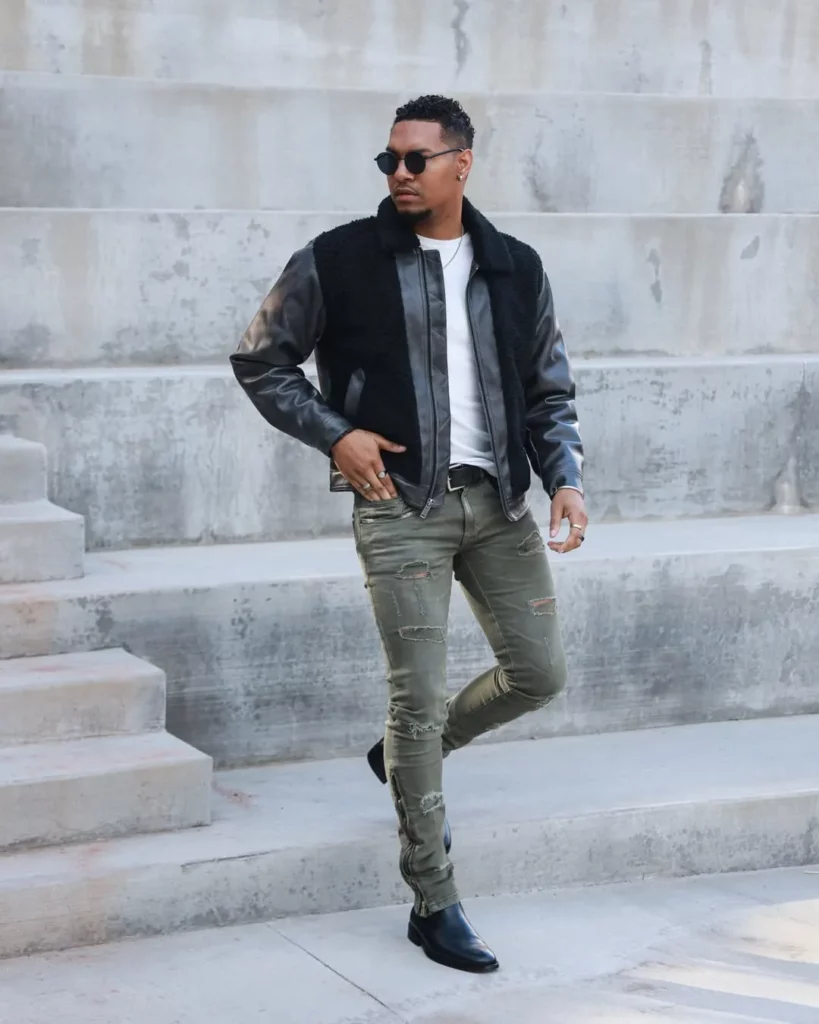 Black Shearling Jacket + White Tee + Olive Distressed Jeans + Black Chelsea Boots