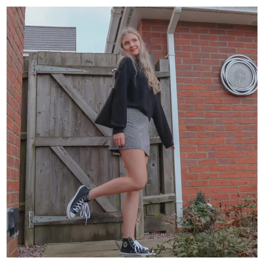 Black Sweater + Houndstooth Mini Skirt + Classic Converse