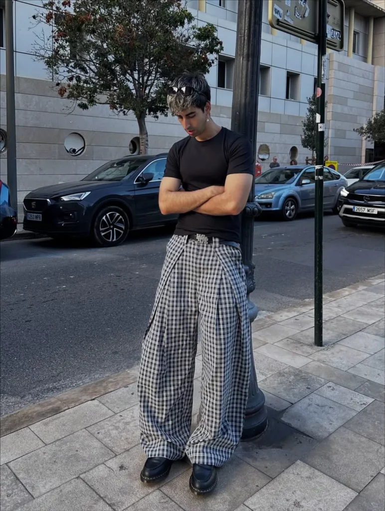 Black T-Shirt + Checked Wide-Leg Pants + Black Chunky Boots