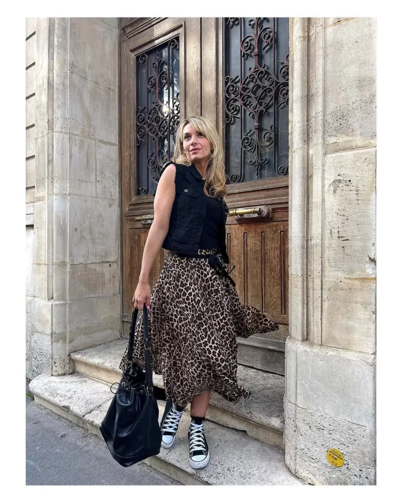 Black Vest + Leopard Print Skirt + High-Top Converse