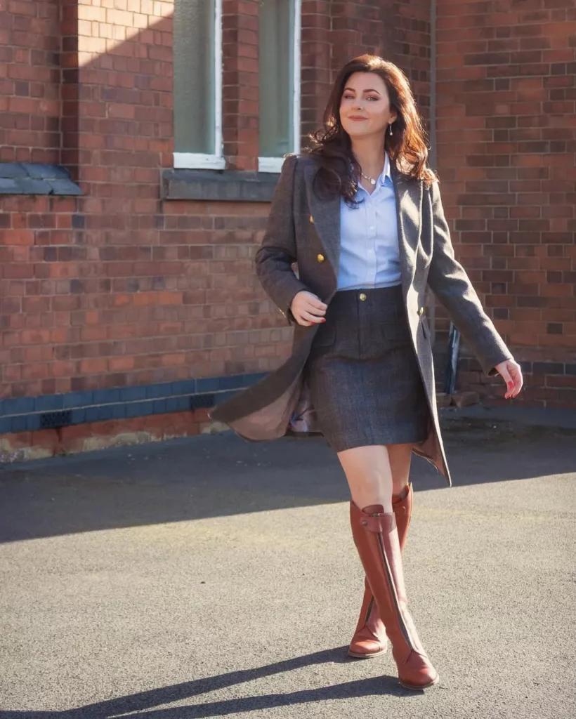 Blazer + Button-Down Shirt + Skirt Suit + Brown Knee-High Boots