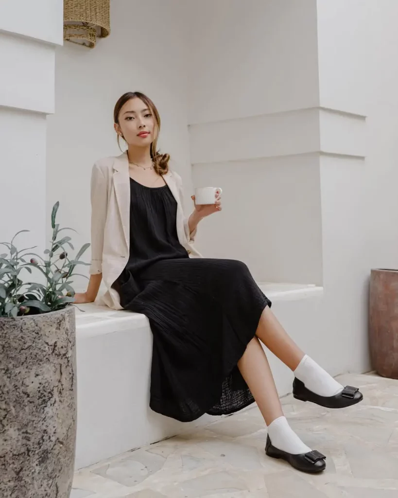 Blazer + Midi Dress + Black Flats