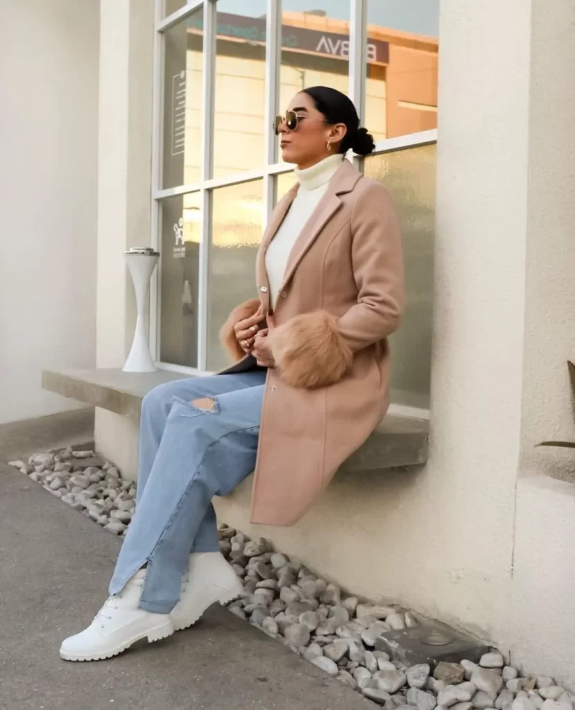 Blush Coat + Light-Wash Jeans + White Lug-Sole Boots