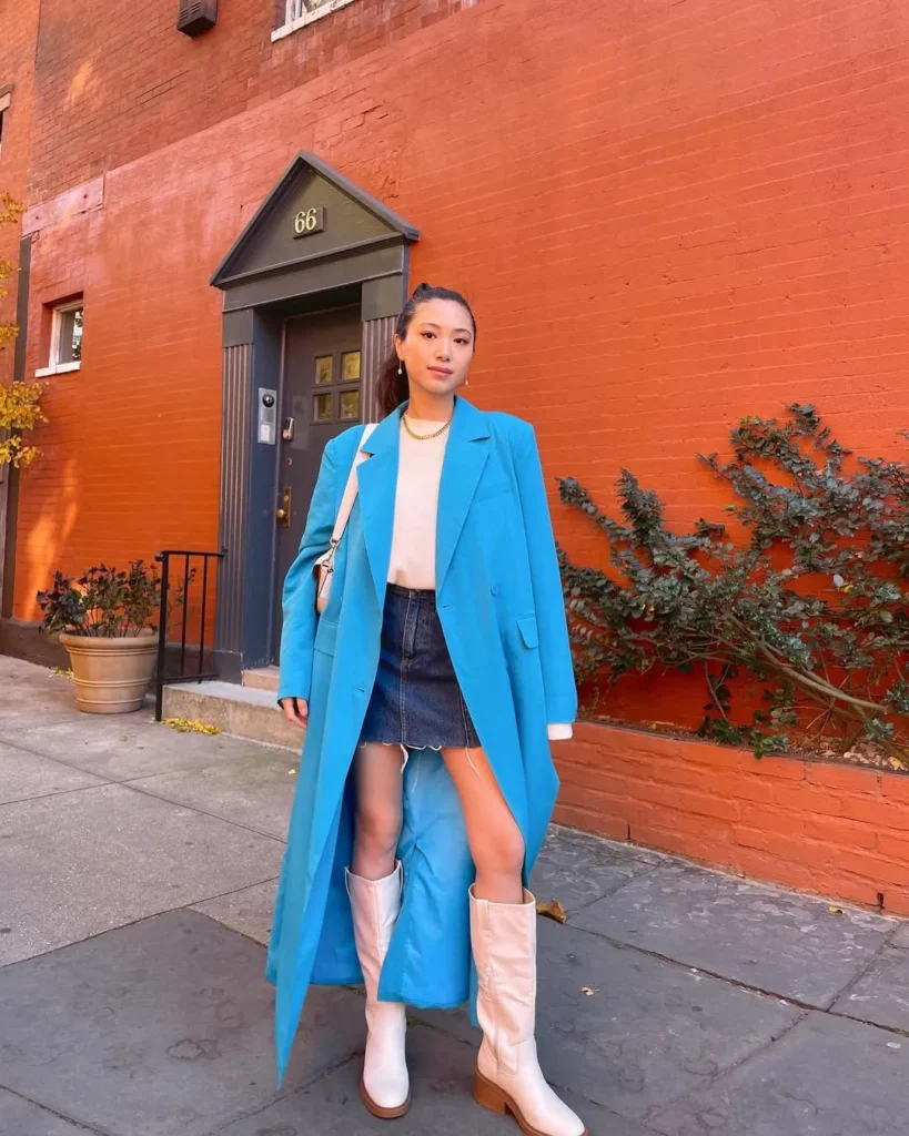 Bold Blue Coat + White Tee + Denim Mini Skirt + White Knee-High Boots