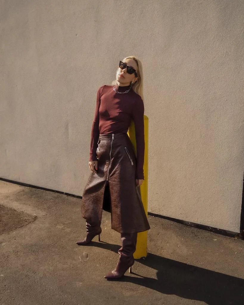 Burgundy Fitted Top + Leather Midi Skirt + Slouchy Heeled Boots