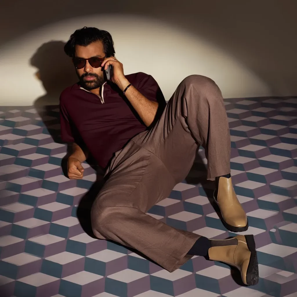 Burgundy Polo + Brown Trousers + Tan Chelsea Boots