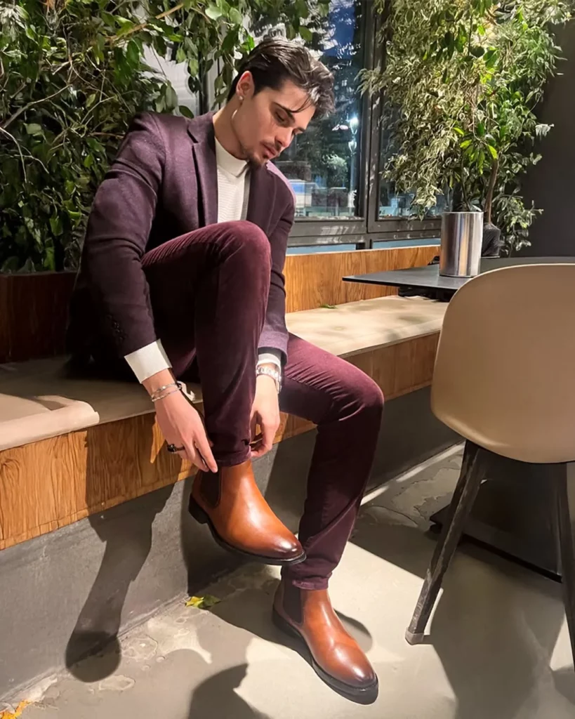 Burgundy Suit + White Turtleneck + Brown Chelsea Boots