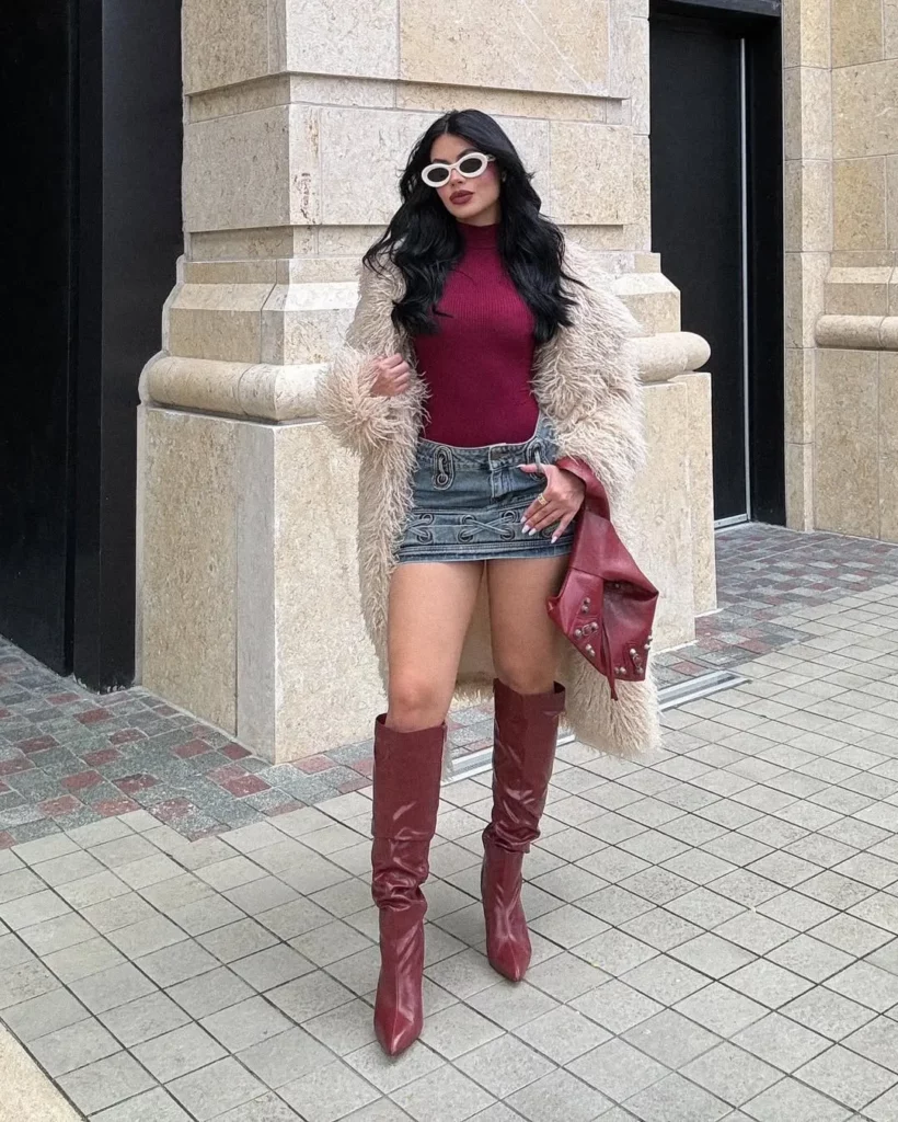 Burgundy Turtleneck + Embroidered Denim Mini Skirt + Burgundy Knee-High Boots + Faux Fur Coat