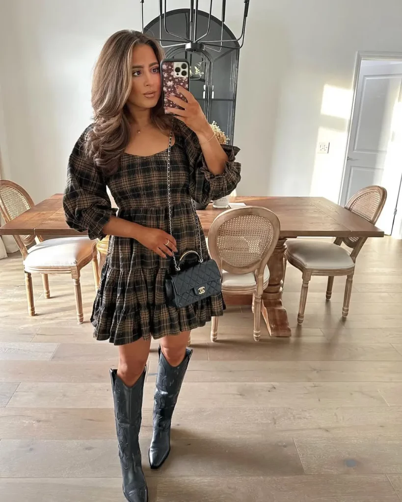 Plaid Dress + Western Boots + Quilted Bag