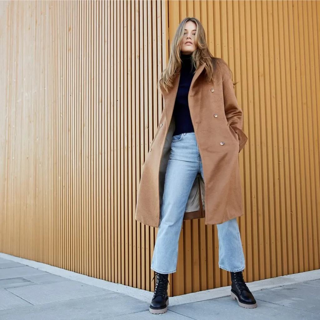 Camel Power Coat + Cropped Jeans + Classic Lace-Up Combat Boots