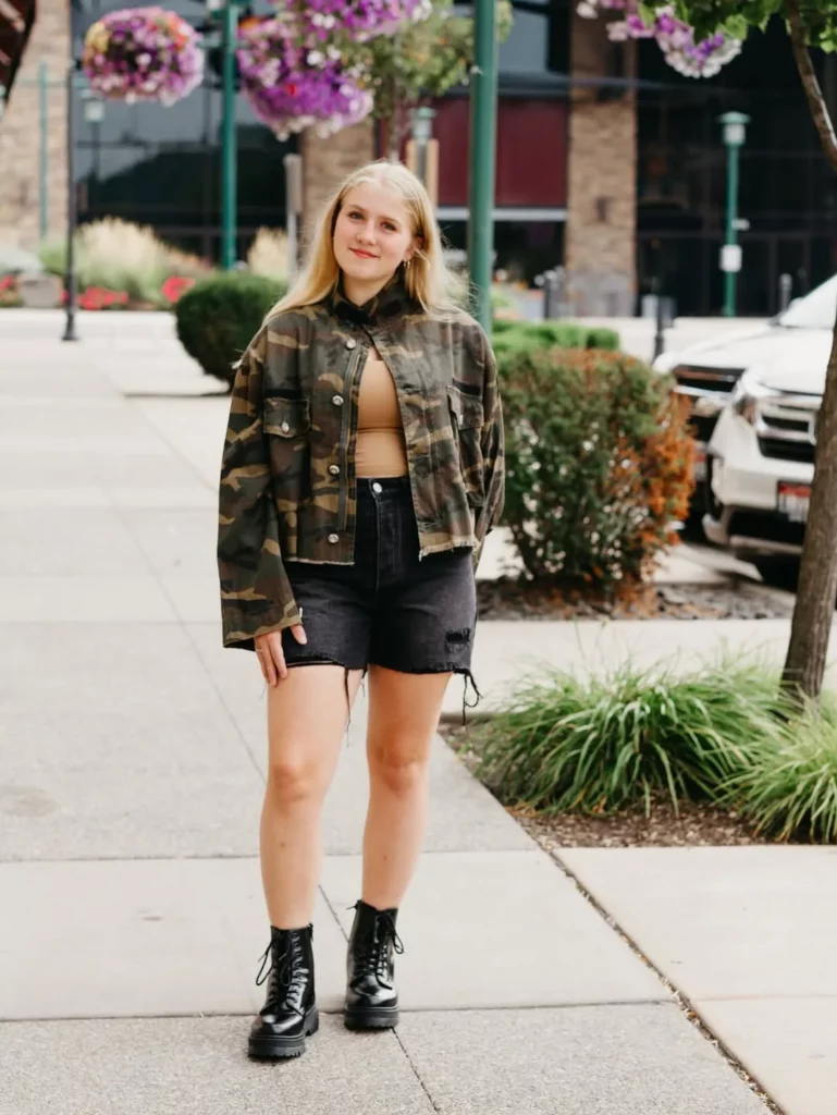 Camo Jacket + High-Waisted Shorts + Classic Combat Boots