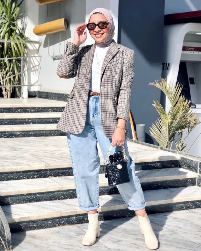 Checked Blazer + White Turtleneck + Light-Wash Jeans + Cream Ankle Boots