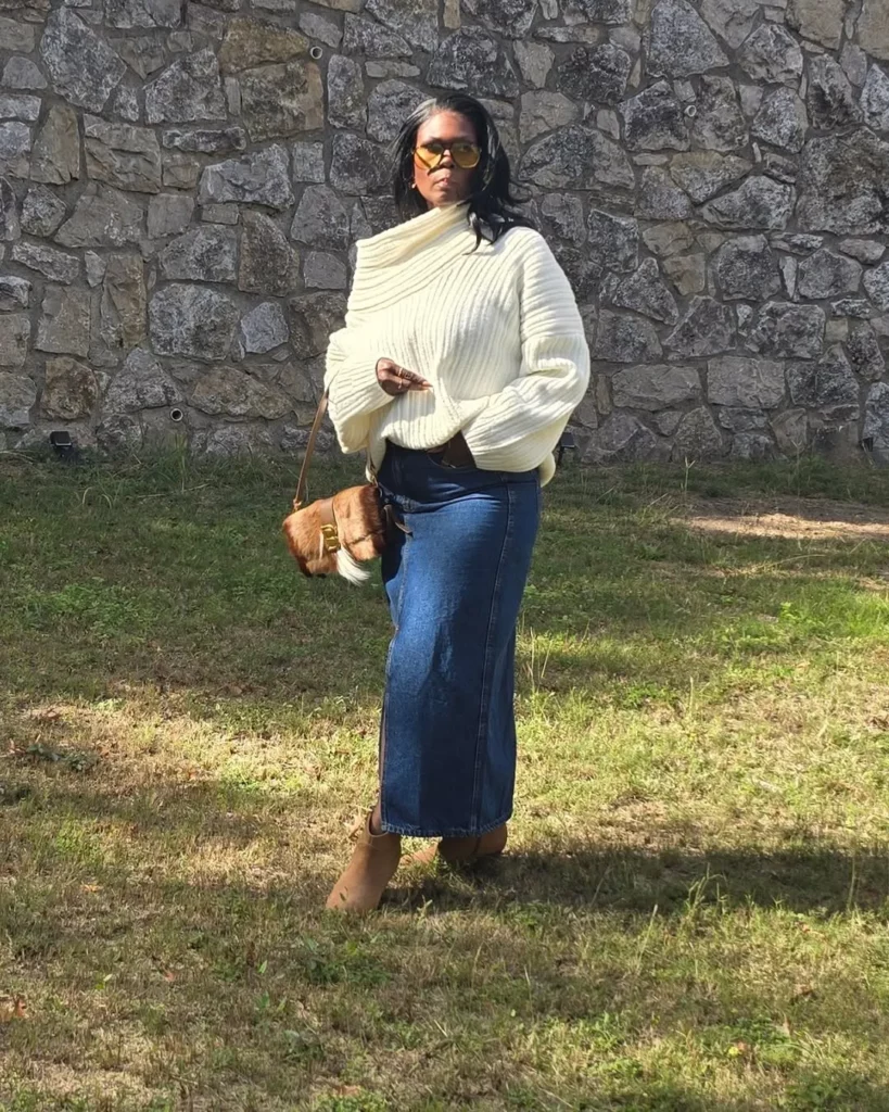 Chunky Cream Sweater + Straight-Leg Jeans + Tan Suede Ankle Boots