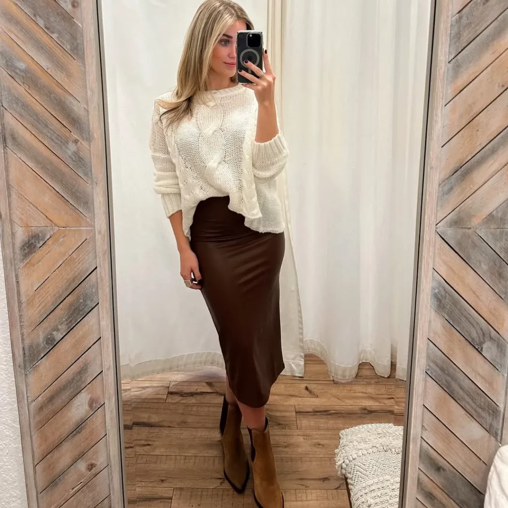 Chunky Knit Sweater + Brown Midi Skirt + Suede Pointed-Toe Boots