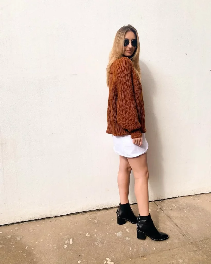 Chunky Knit Sweater + White Mini Skirt + Black Ankle Boots