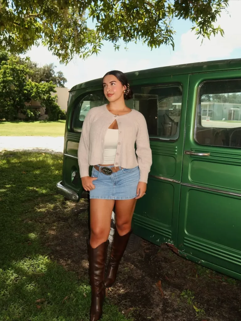 Cozy Cardigan + White Tank + Denim Mini Skirt + Brown Knee-High Boots