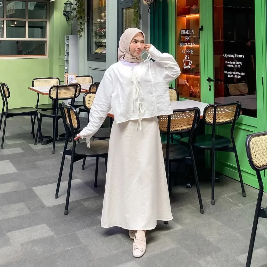 Cream A-Line Skirt + Tie-Up Cropped Top + Nude Ballet Flats