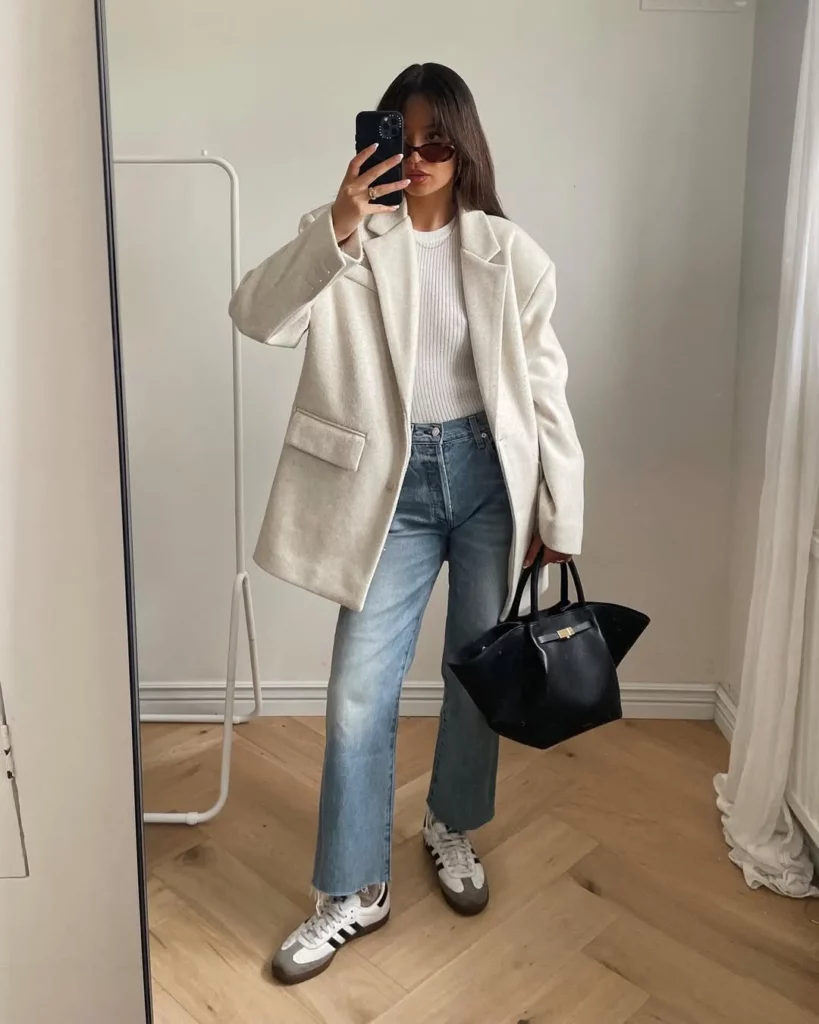 Cream Blazer + Vintage-Wash Denim + Classic Sambas