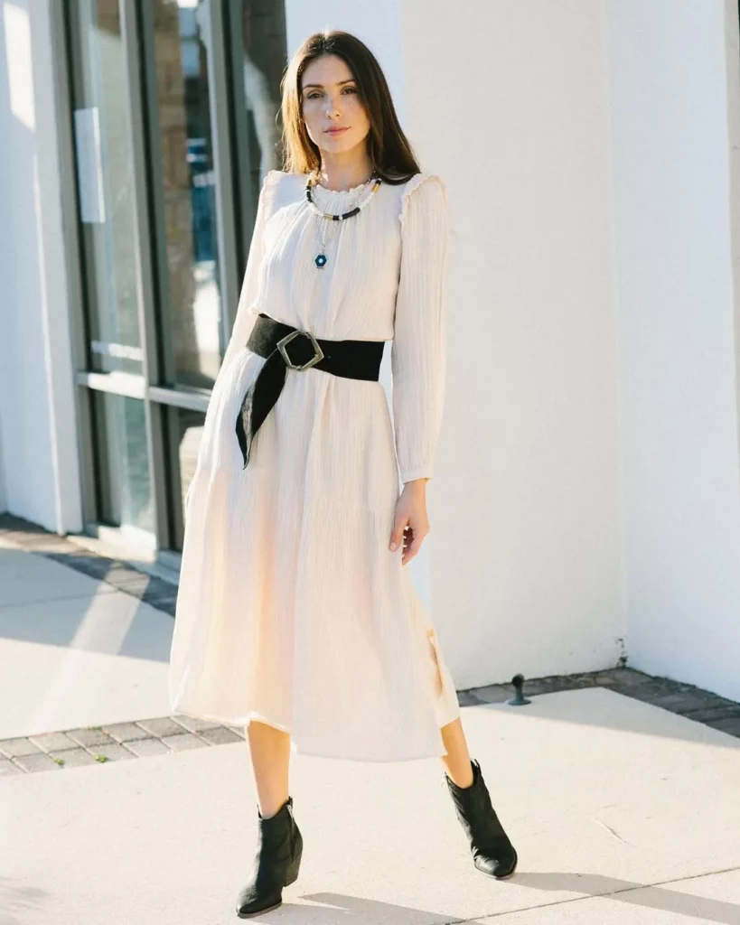 Cream Long-Sleeve Midi Dress + Black Ankle Boots