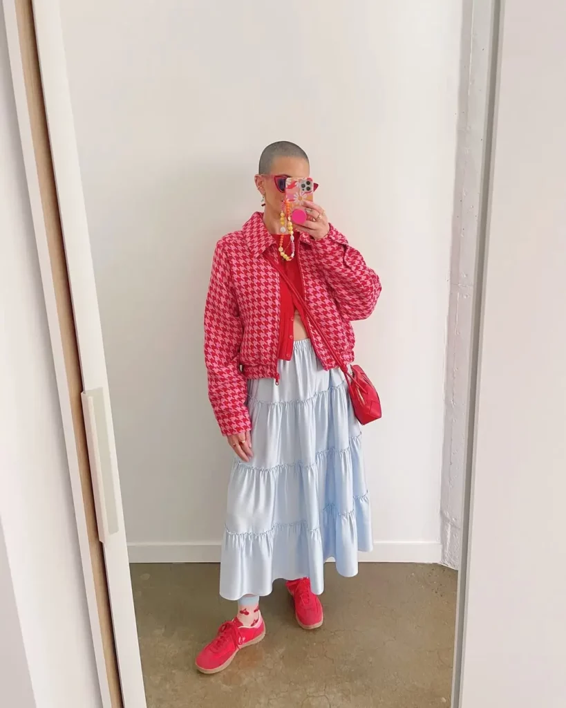 Cropped Jacket + Maxi Skirt + Red Converse