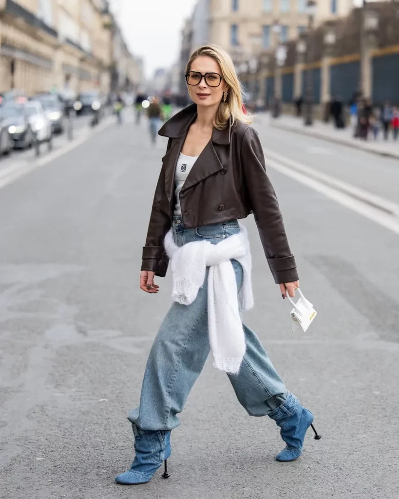 Cropped Leather Jacket + White Tank + Baggy Jeans + Denim Heeled Boots