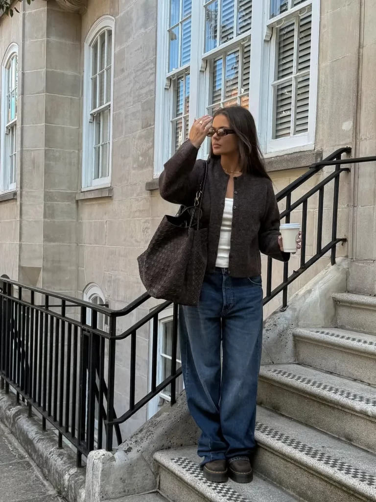Cropped Tank + Dark Baggy Jeans + Platform Boots + Cardigan