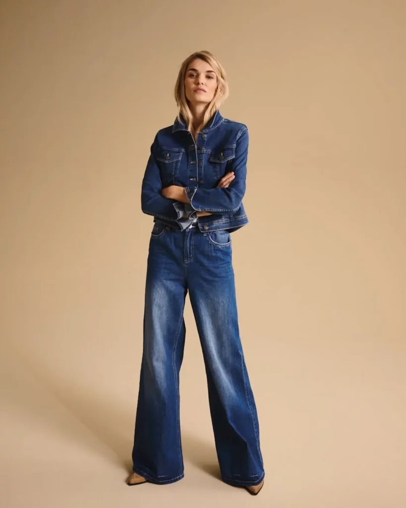 Denim Jacket + White Tee + Wide-Leg Jeans + Pointed-Toe Boots