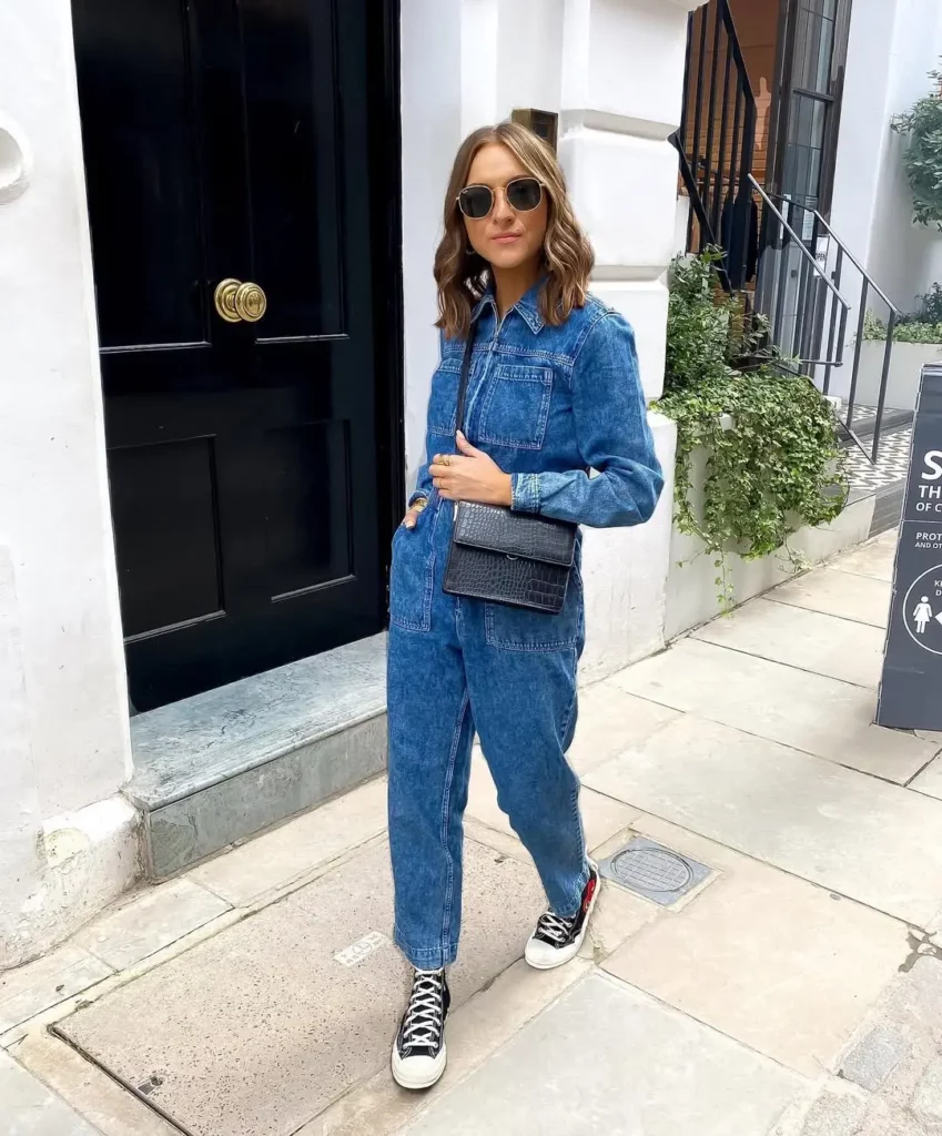 Denim Jumpsuit + White High-Top Converse