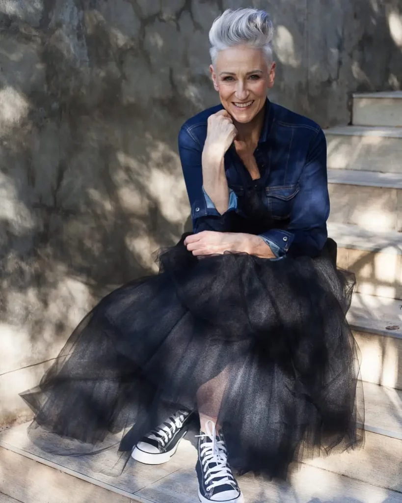 Denim Shirt + Tulle Skirt + Black High-Top Converse