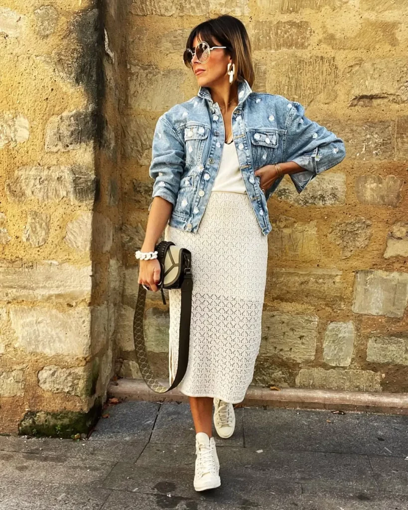 Embroidered Denim Jacket + Crochet Midi Skirt + White High-Top Converse