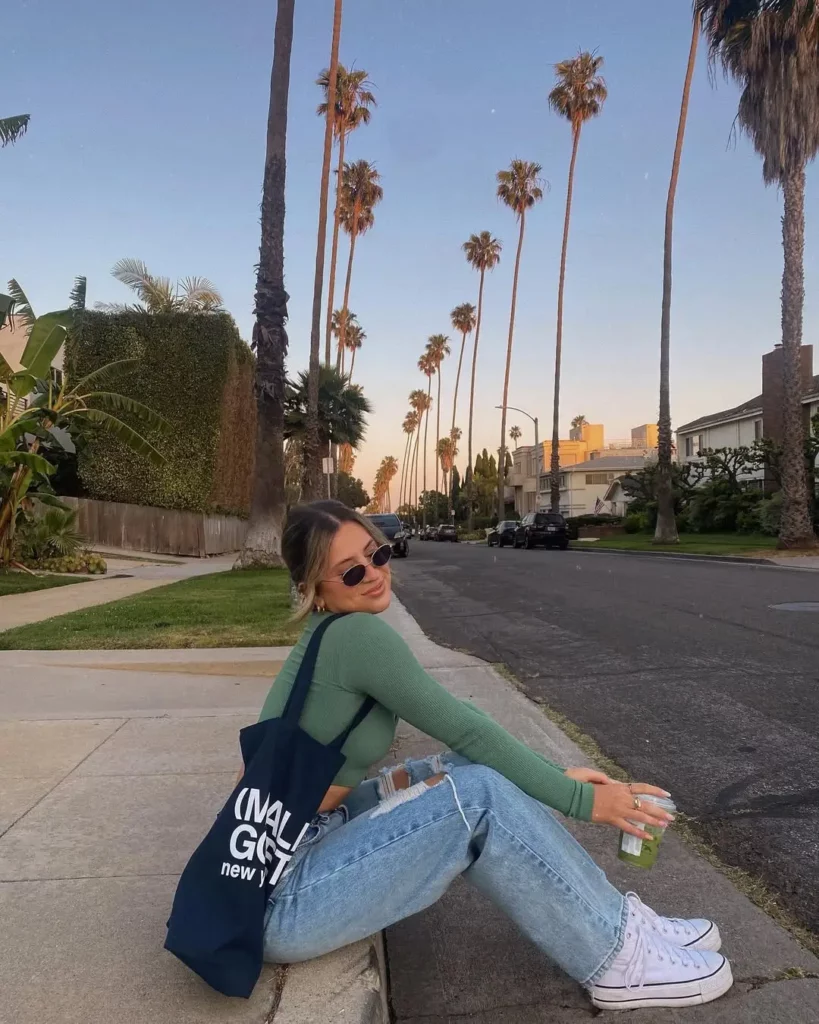 Fitted Knit Top + Relaxed Jeans + White High-Tops