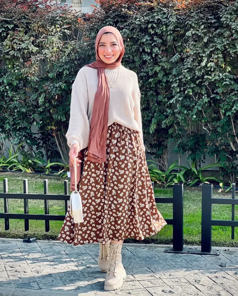 Floral Midi Skirt + Knit Sweater + Lace-Up Ankle Boots