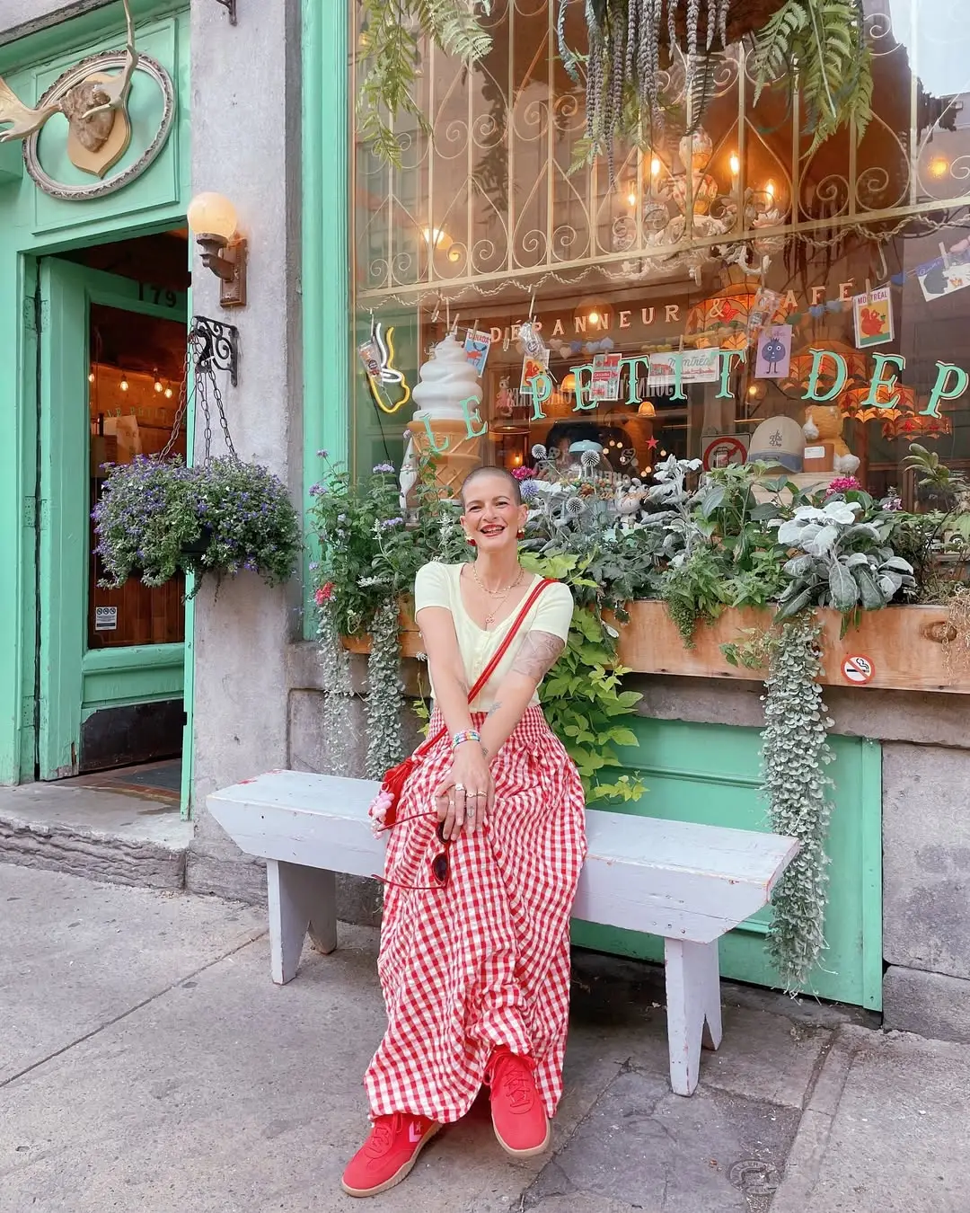 Gingham Maxi Skirt + Tee + Red Converse
